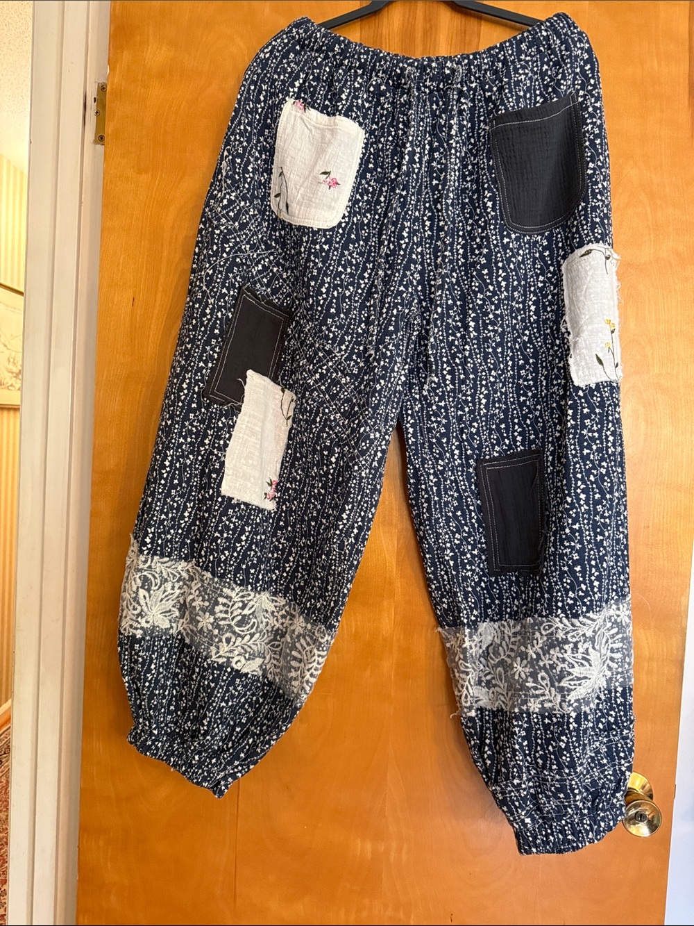 POL Navy Patchwork Joggers with White and Blue Patches w/Embroidery Sz L NWOT
